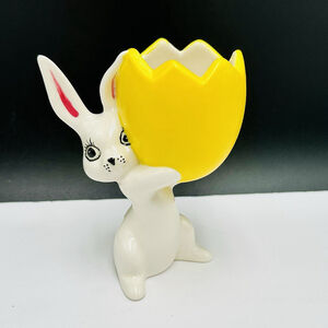 Vintage Ceramic Bunny Rabbit Holding Egg 5" Vase Planter Hand Painted White